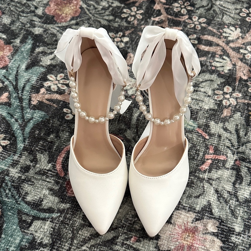 White Heels with Pearl Detail - Wedding / Engagement / Bridal Heels